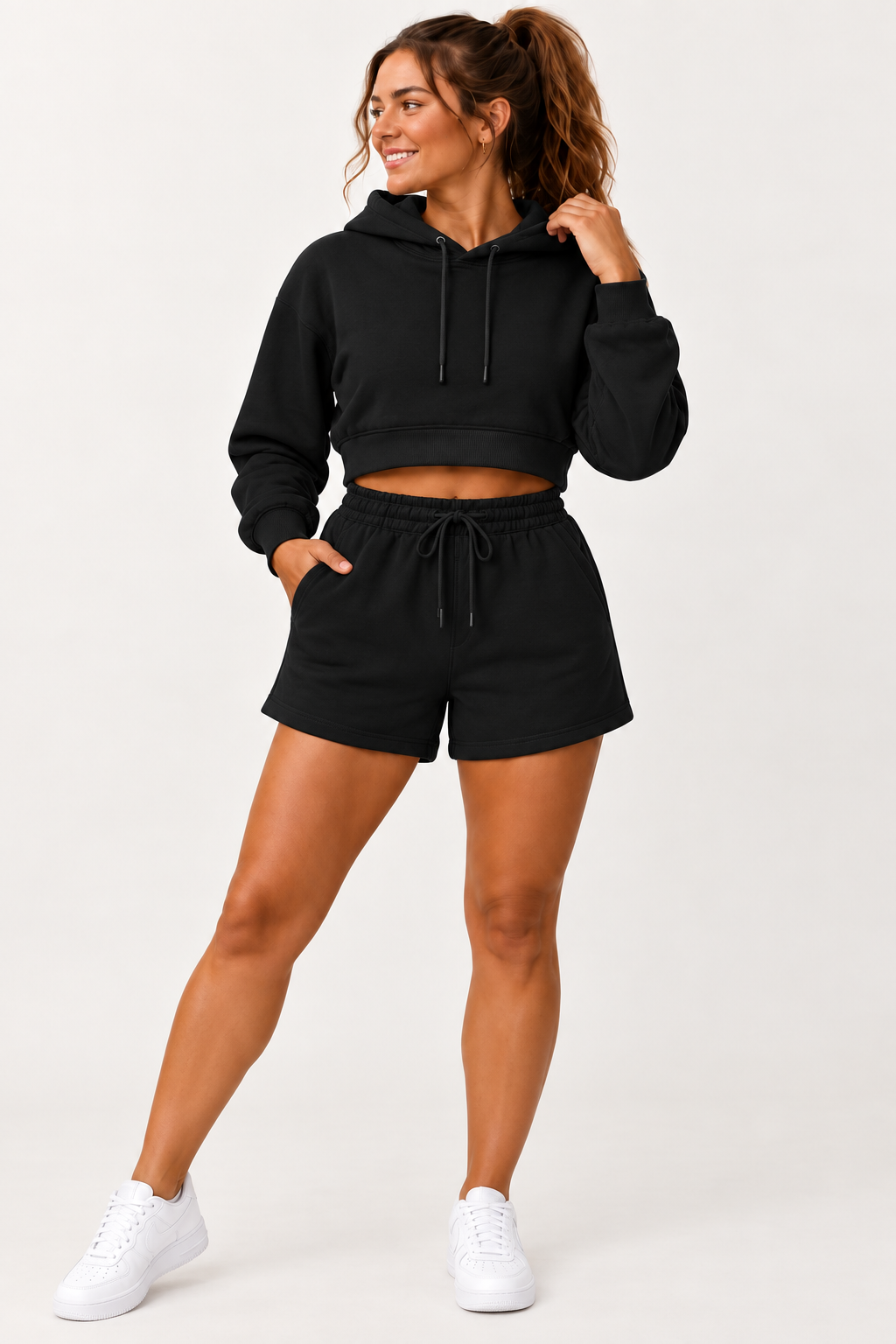 Womens Solid Cropped Sweater & Short Set