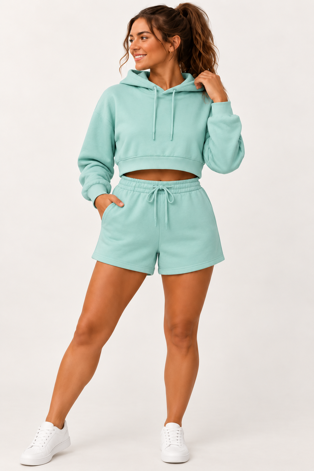 Womens Solid Cropped Sweater & Short Set