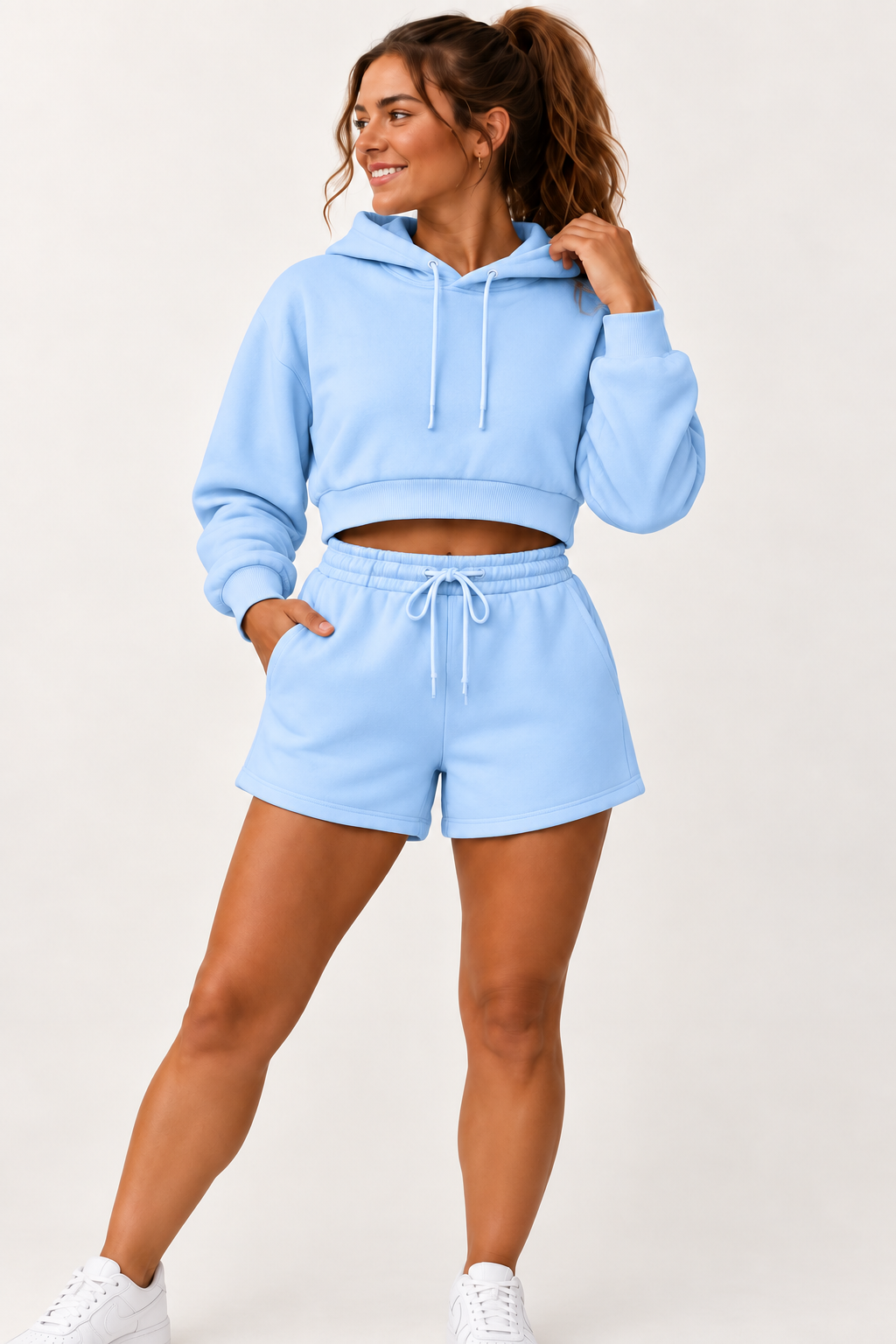 Womens Solid Cropped Sweater & Short Set