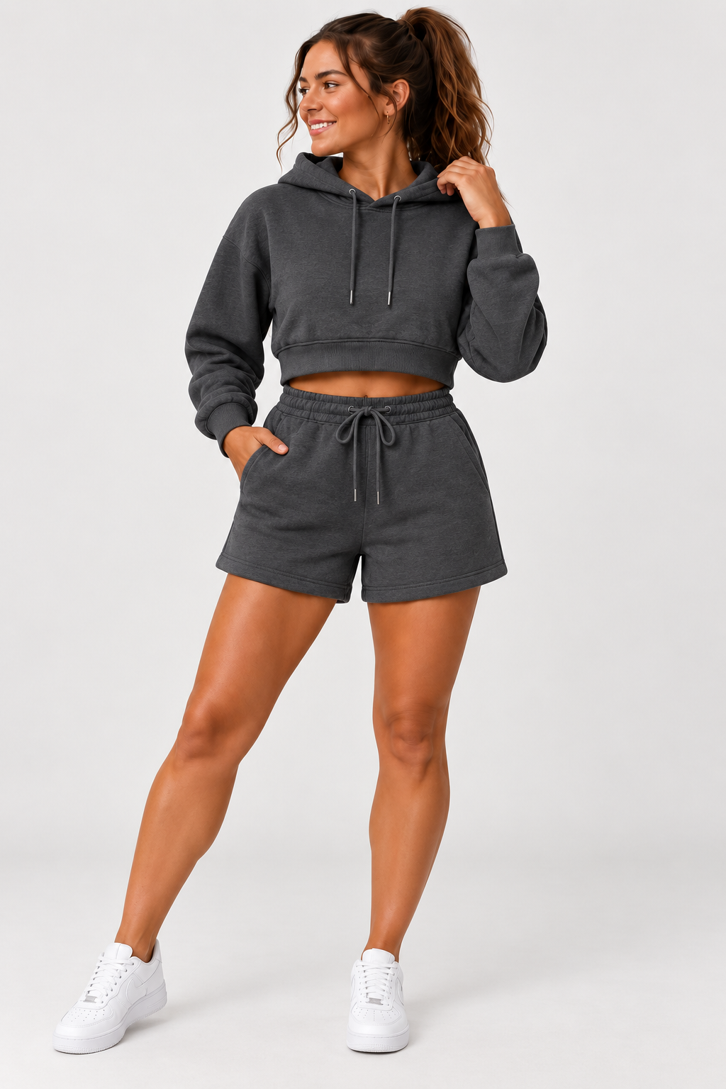 Womens Solid Cropped Sweater & Short Set